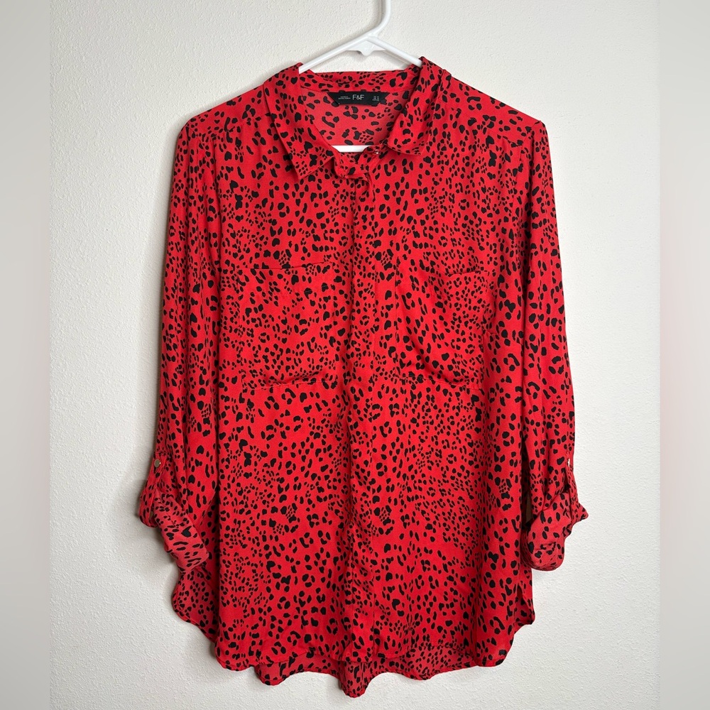 F&F Red and Black Leopard Print Button Down Shirt